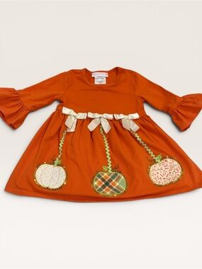 +NWOT Bonnie Baby Girl Pumpkin Applique Fall Dress 24M Orange Bell Sleeve